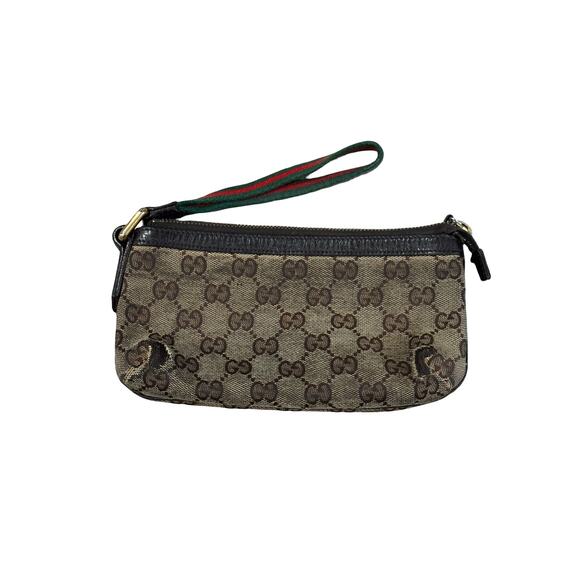 Gucci GG Monogram Canvas Wristlet Clutch with Leather Trim & Green Red Web Strap - Picture 1 of 8